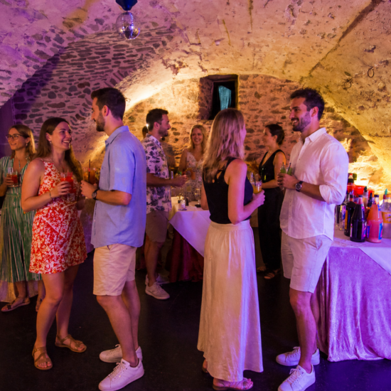 Feiernde Menschen im Gewölbekeller von hôtel schloss romrod (Menschen KI-generiert)