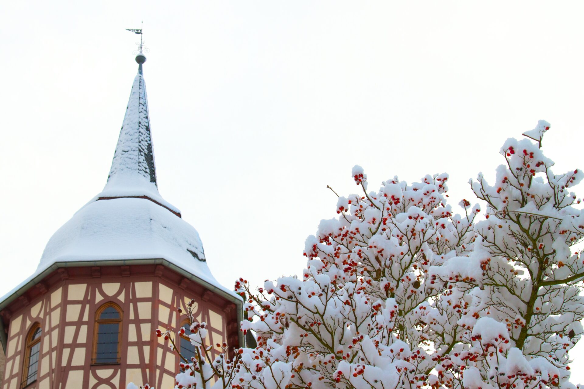 Verschneiter Turm von Schloss Romrod hinter schneebedeckten Zweigen