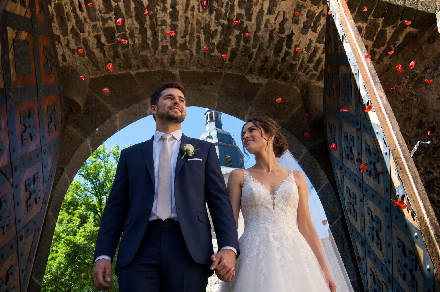 Hochzeitspaar im Rosenregen auf Schloss Romrod